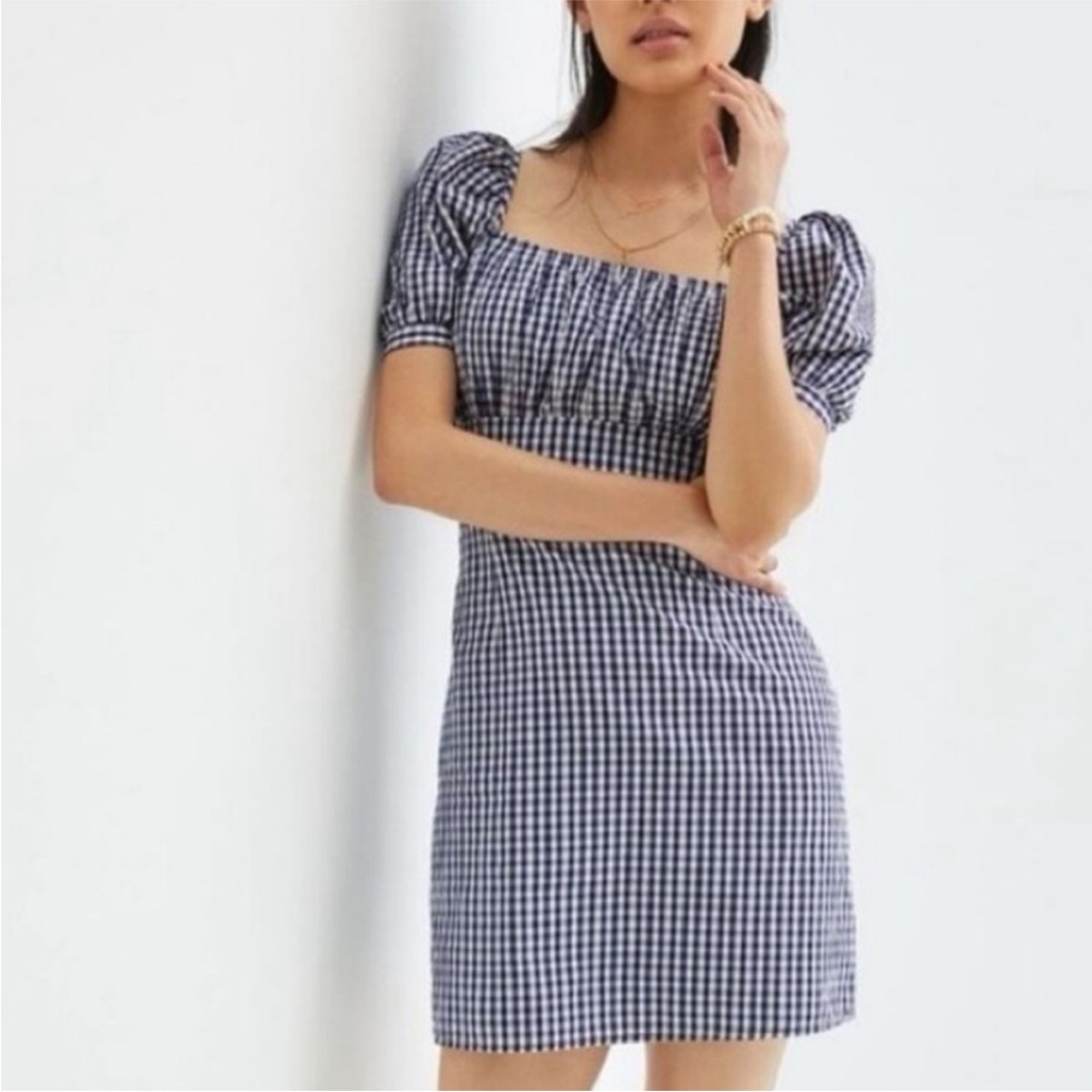 Anthropologie Forever that girl gingham check blue white puff sleeve dress